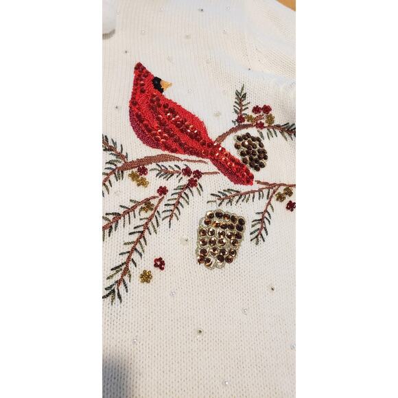 Quacker Factory Sweater Christmas White Zip Cardigan Sequin Cardinals sz 8 - Picture 7 of 15